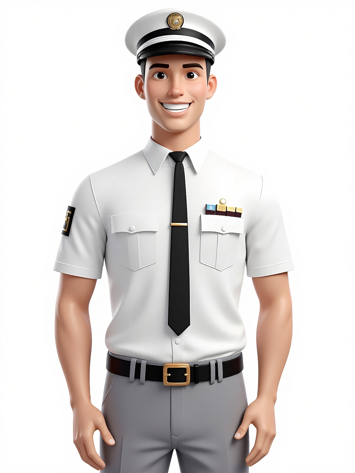 a man in a white uniform is standing against a stark white backdrop. The man is wearing a white cap with a black stripe on...