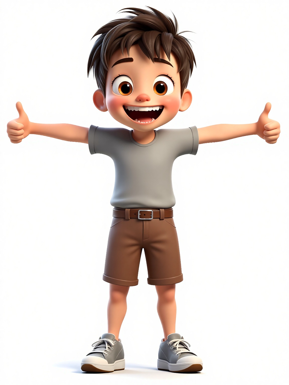 A boy is standing against a stark white backdrop. The character is wearing a gray short sleeve shirt,  brown shorts,  and...