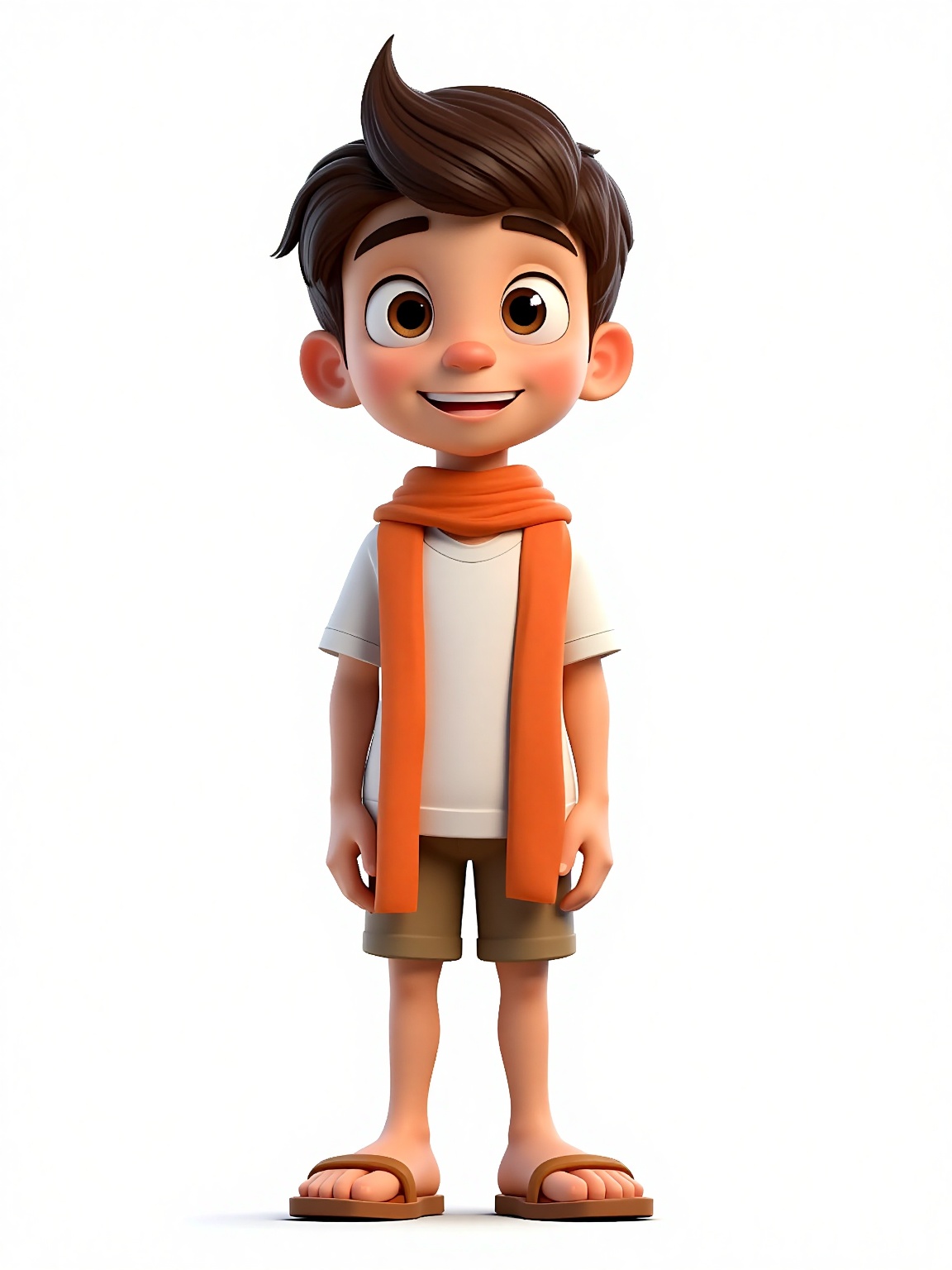 A boy is standing against a stark white backdrop. The character is dressed in a white short-sleeved shirt,  brown shorts,...