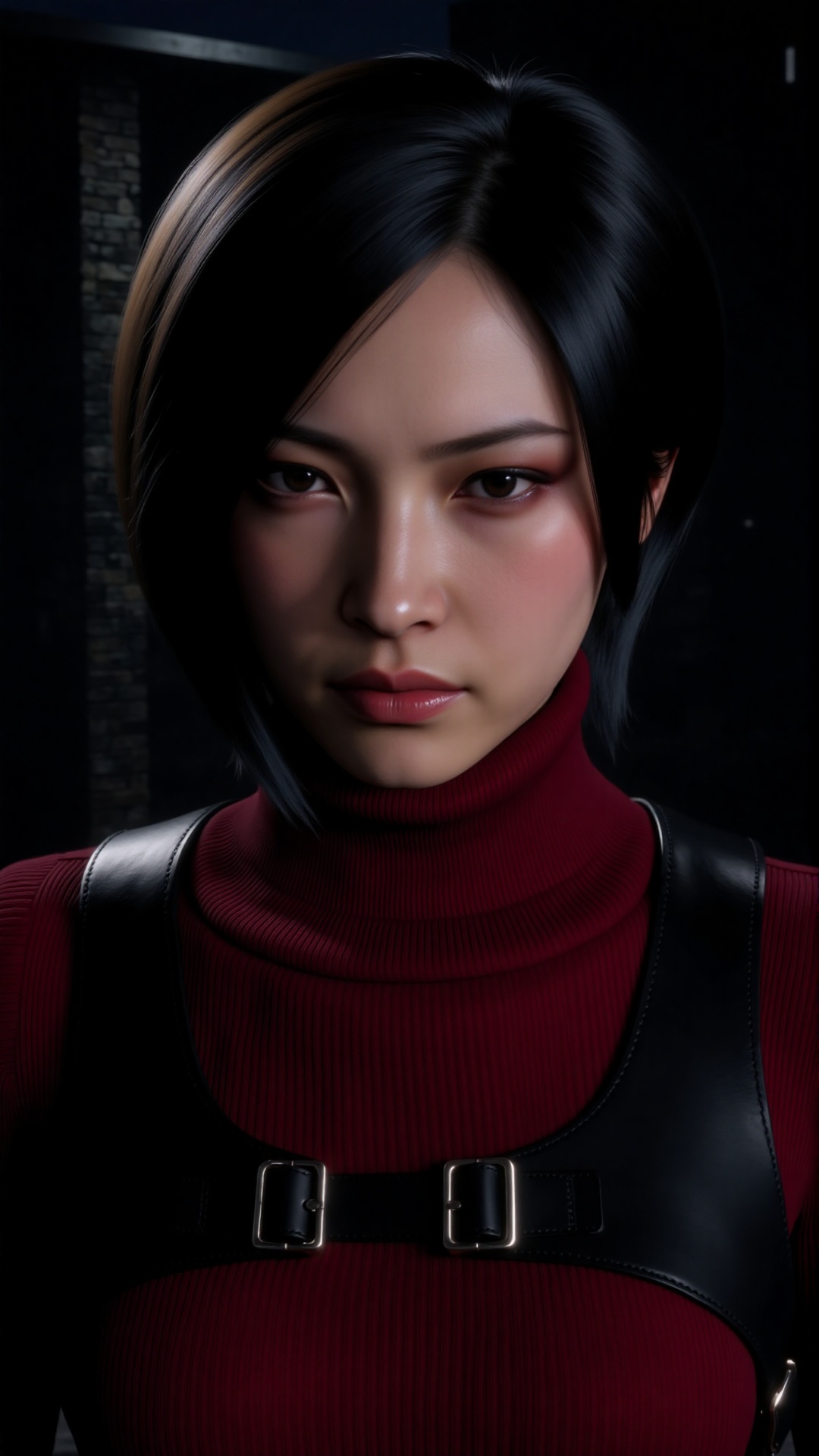 A young woman adawong with short,  shiny black hair in a bob style,  wearing a red turtleneck sweater with a clear and det...