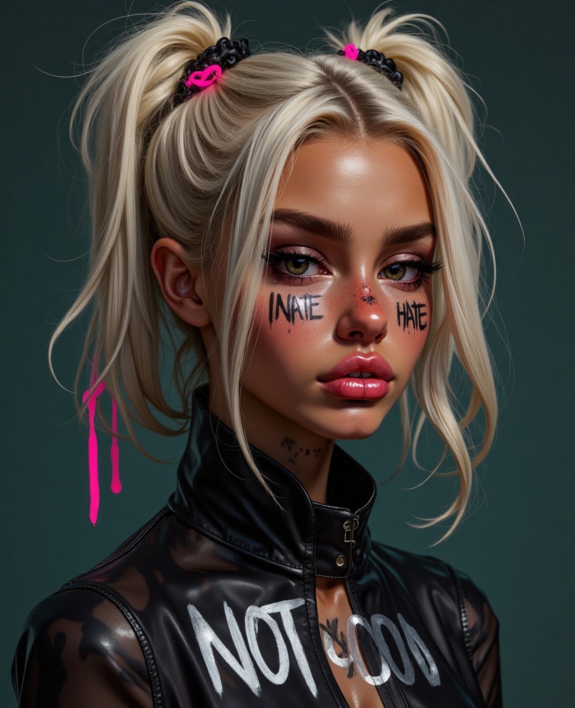 A hyper realistic digital art portrait of a young woman with striking,  edgy features. Her hair is platinum blonde,  style...
