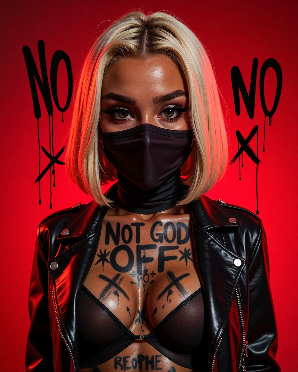 A bold woman with a sleek blonde bob,  piercing eyes framed by dramatic eyeliner and thick lashes. Her face is partially c...
