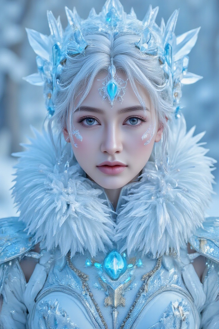 Rime Ice arafed woman with blue eyes,  white frost on her face,  ice queen on Tensor.Art