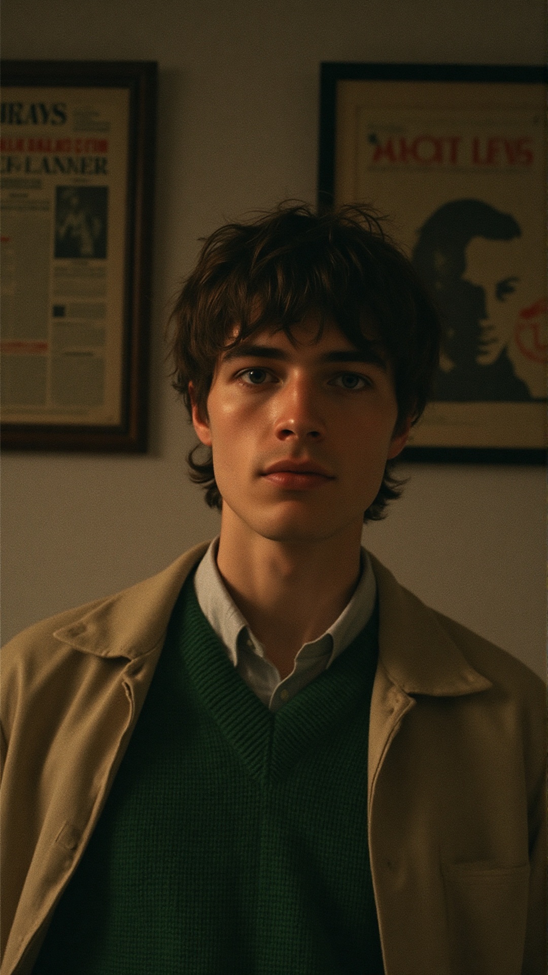 A cinematic film shot of a young man with a calm,  introspective expression. He has a classic 1960s French New Wave vibe,...