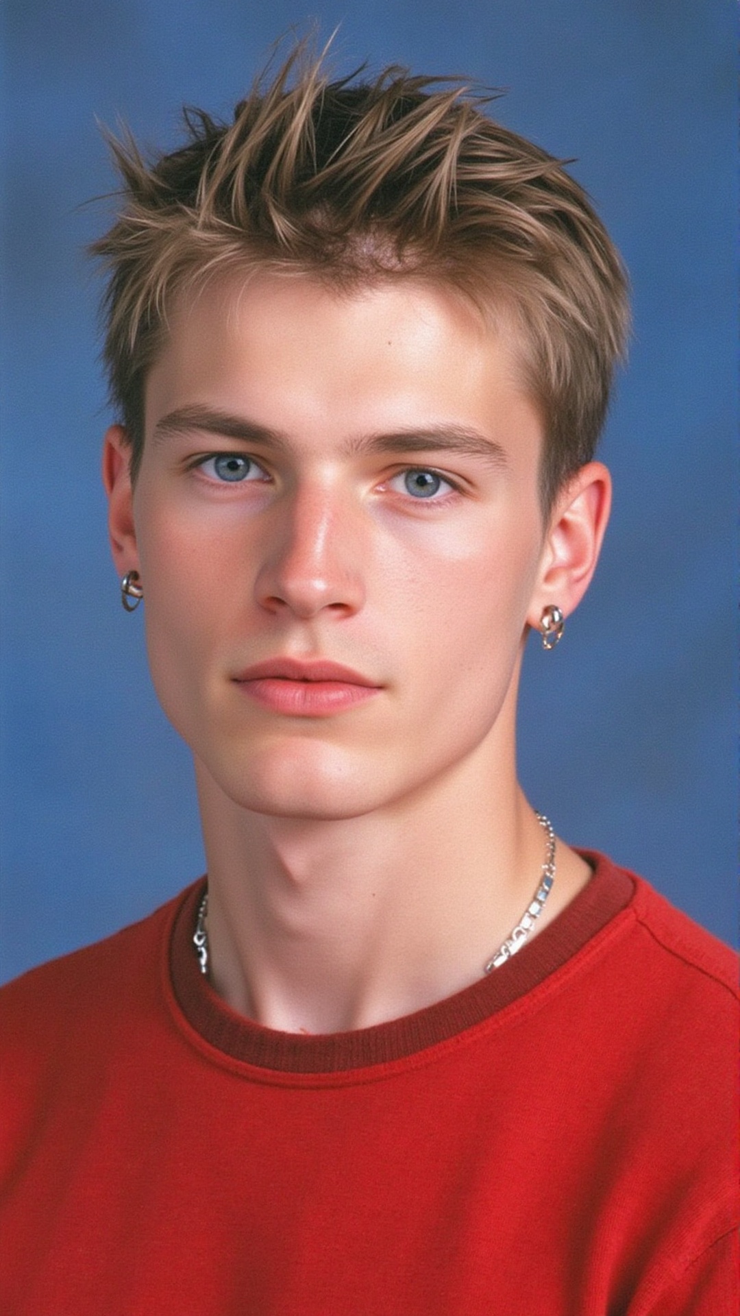 Senior High School Yearbook Photo: A portrait image of a handsome male model with bleached hair and defined jawline,  posi...