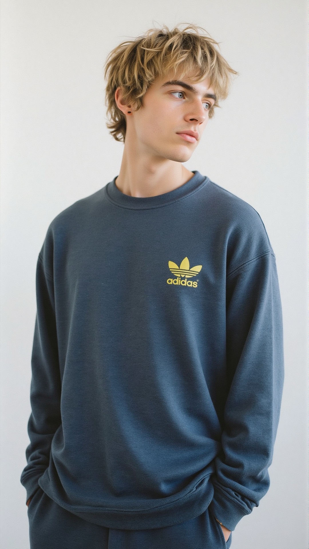 A shot of a teenage popstar posing with confidence on a crisp white background,  illuminated by soft lighting that casts a...