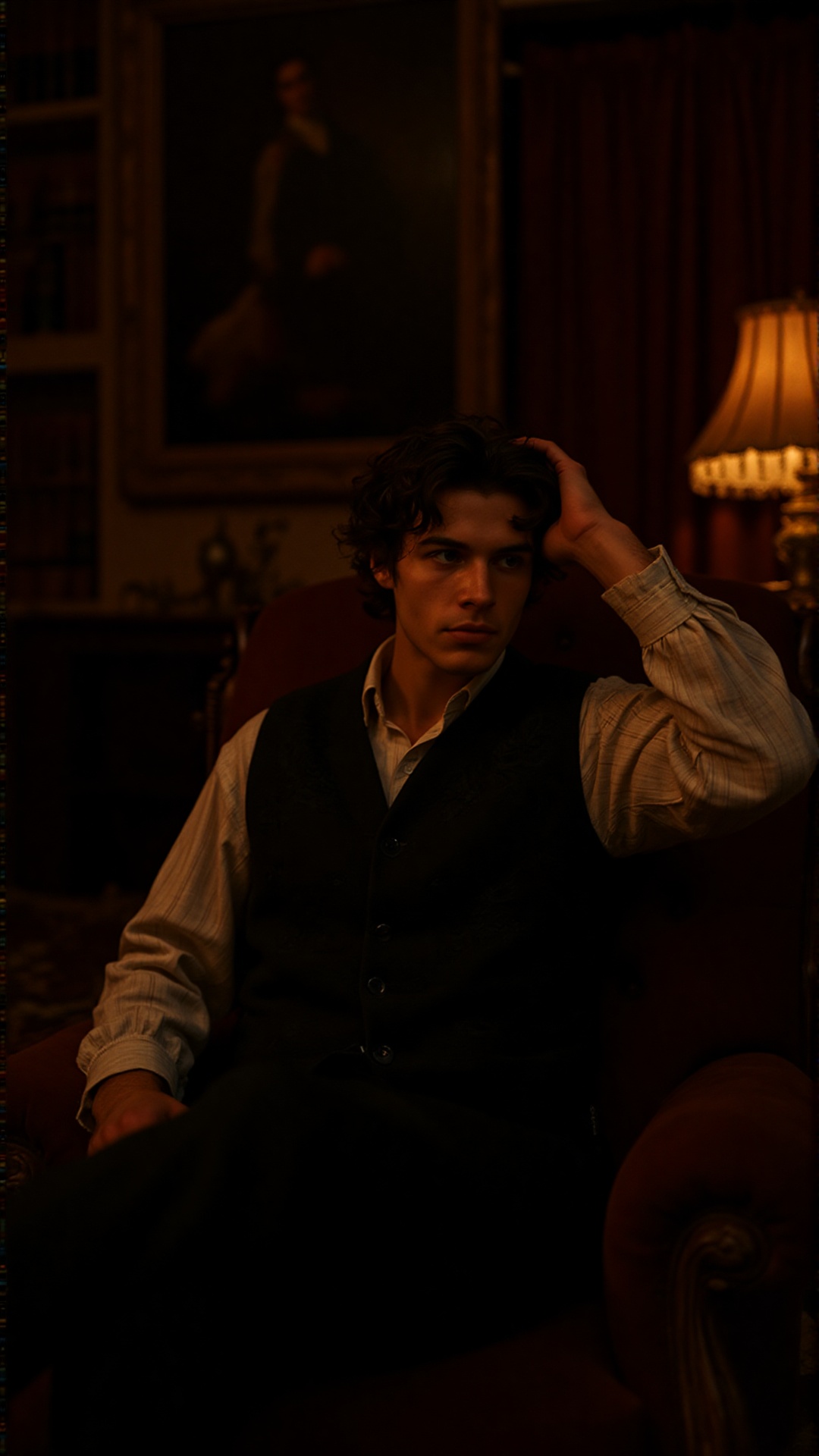 A cinematic portrait of a young 19th-century nobleman,  his sharp,  handsome features framed by jet-black hair that falls...
