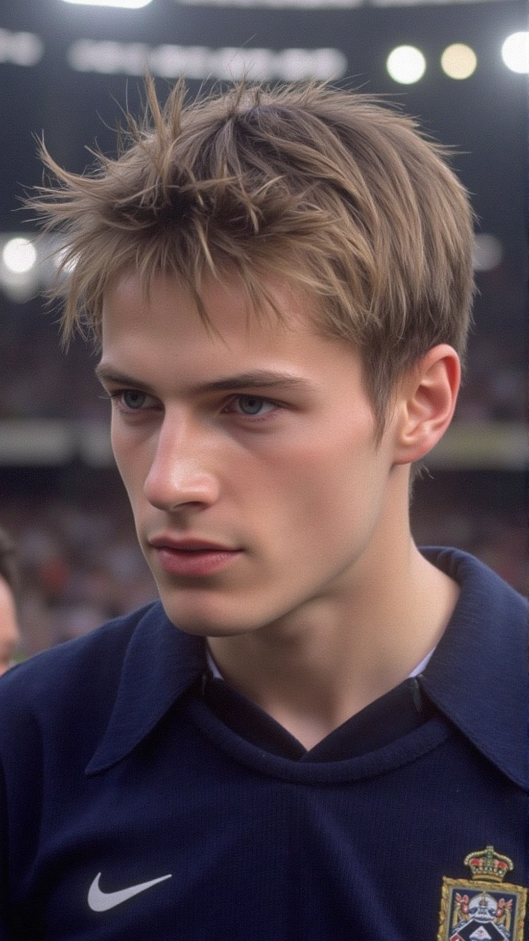a 2000s paparazzi photo of a 18 years old handsome young man,  he is wearing a tight dark blue soccer jersey. He is very a...