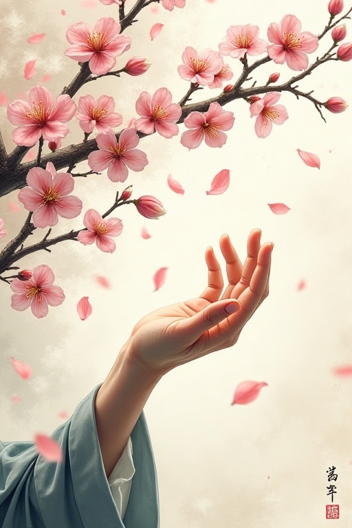 A background featuring the texture of paper,  highlighting a hand casting a graceful gesture amidst plum blossoms with pet...