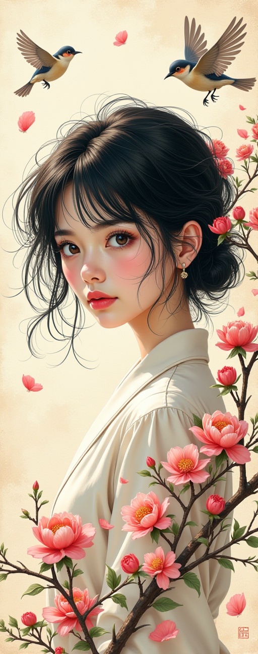 A striking portrayal of Ran Mori from the anime Detective Conan,  set against a background featuring the texture of paper,...