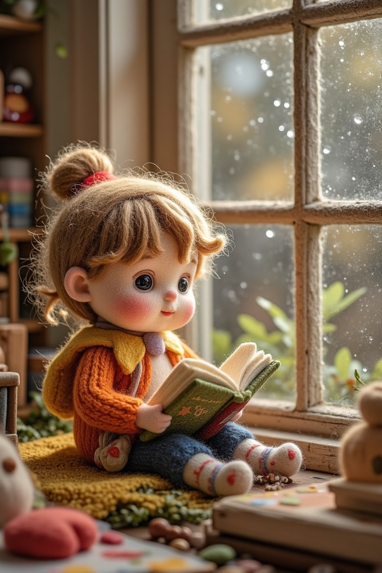 "A wool-felt child sitting by a window,  reading a book,  rainy background on Tensor.Art