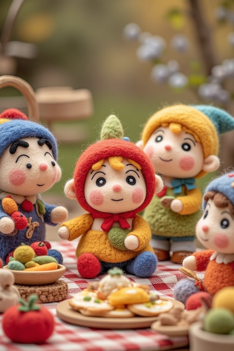 "A group of felt children enjoying a picnic,  wearing colorful woolen outfits,  with handcrafted food items on Tensor.Art