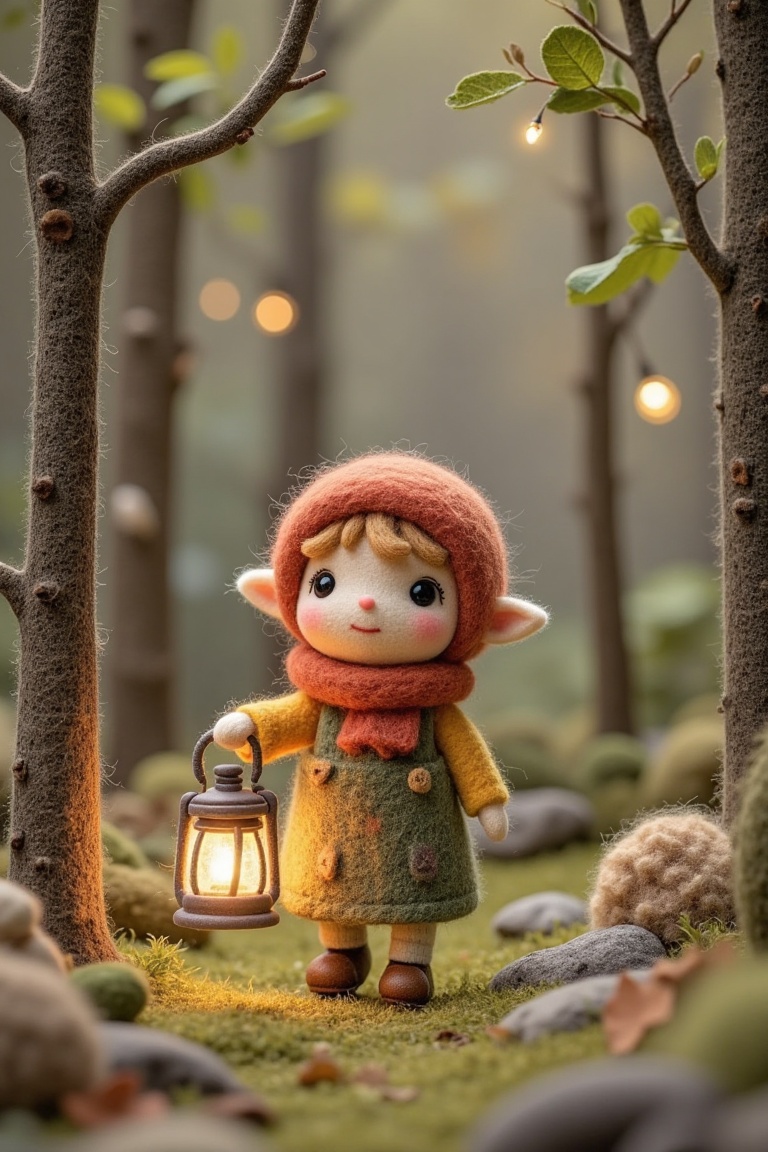 A woolen child holding a glowing lantern,  walking through a forest of felt trees,  soft textures on Tensor.Art