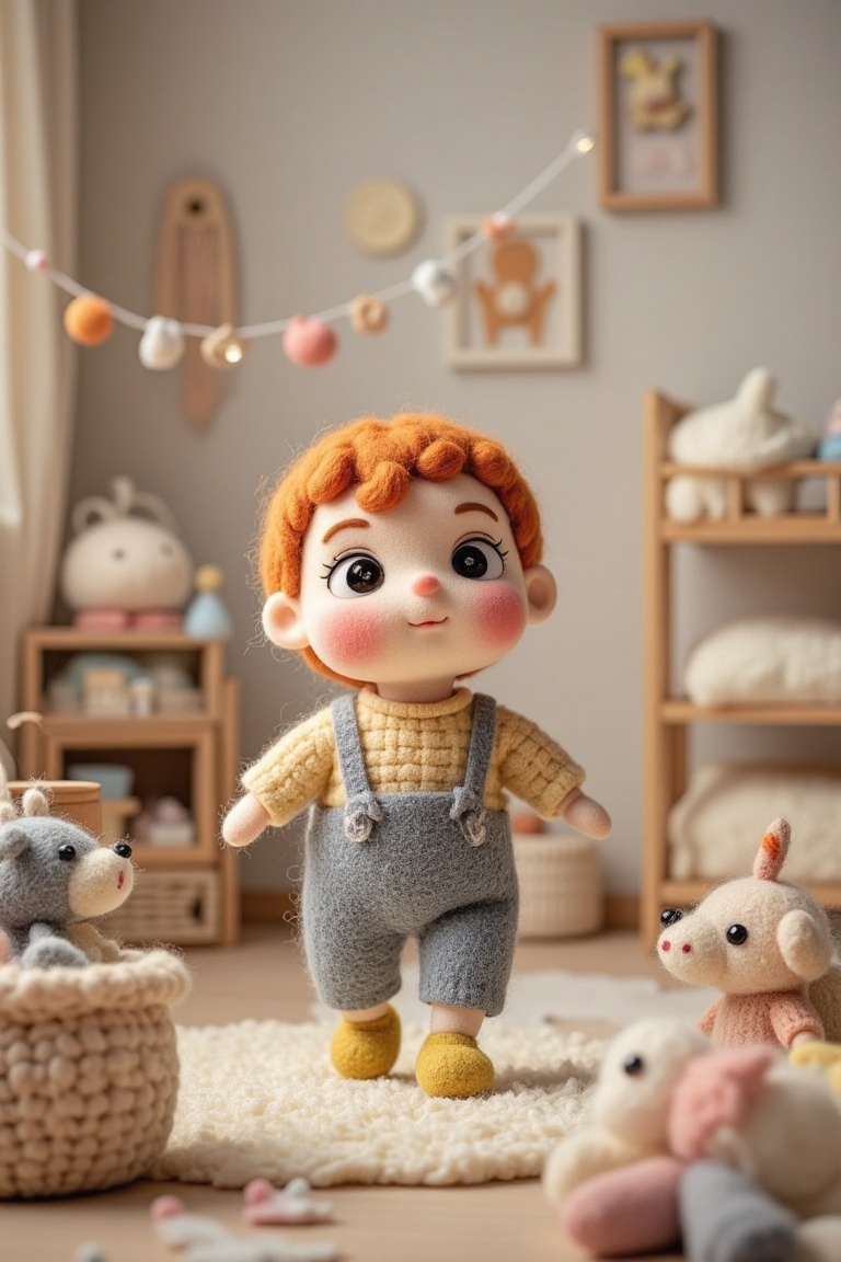 "A felt toddler with rosy cheeks learning to walk,  surrounded by a handmade nursery with woolen toys,  soft lighting on T...