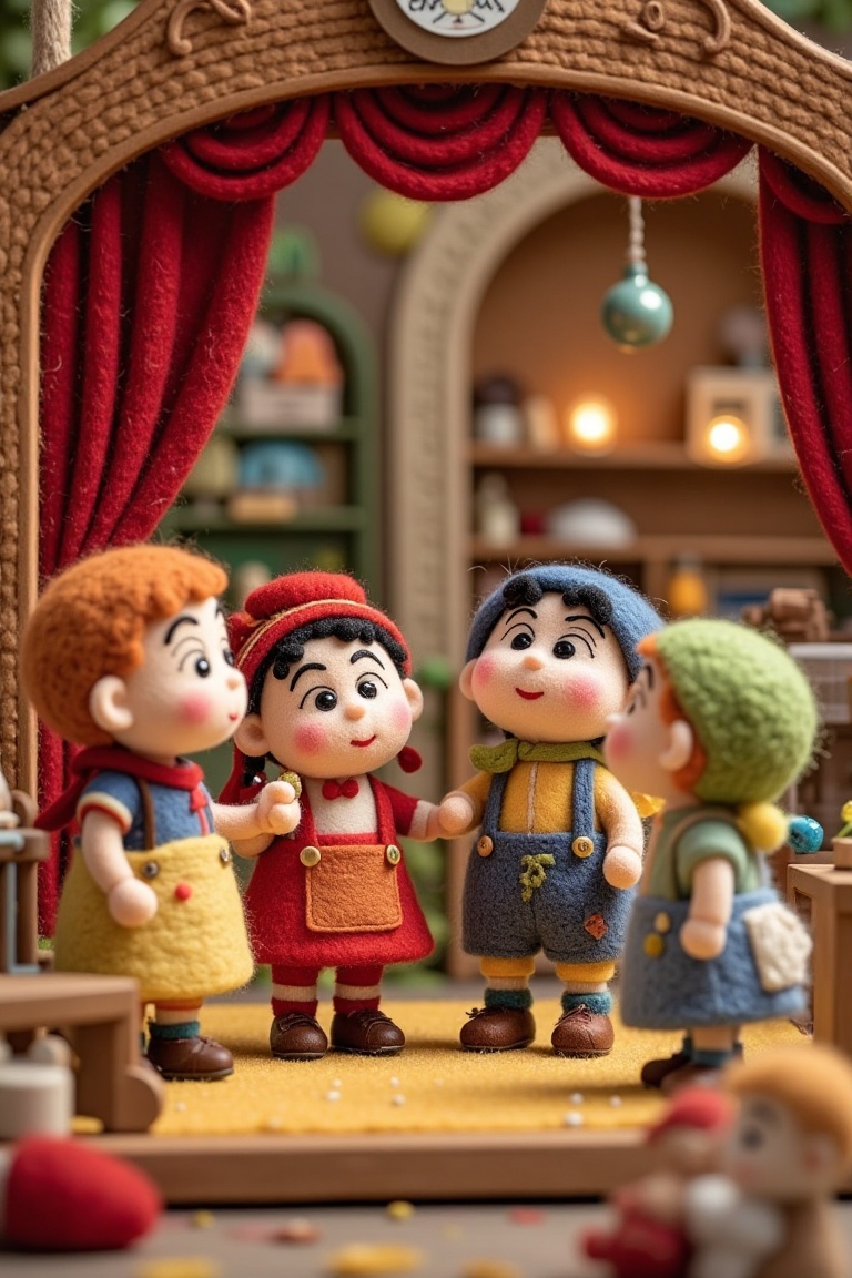 A group of felt children performing a play in a tiny felt theater,  detailed costumes,  handcrafted props on Tensor.Art