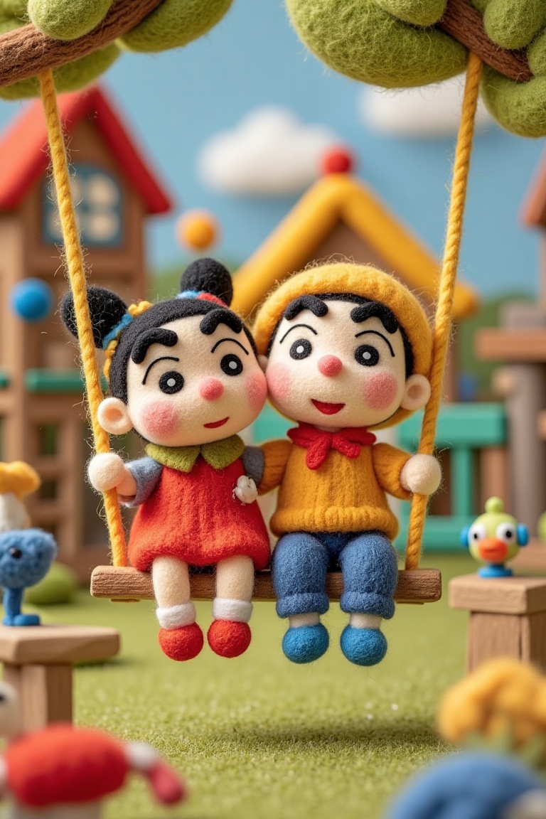 Two felt siblings playing on a swing in a handcrafted playground,  vibrant colors,  detailed wool textures on Tensor.Art