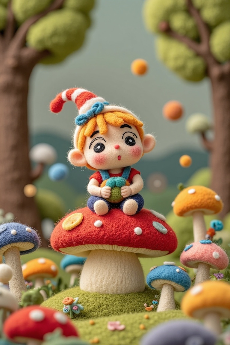 "A cute felt child sitting on a mushroom,  surrounded by a magical forest,  vibrant colors on Tensor.Art