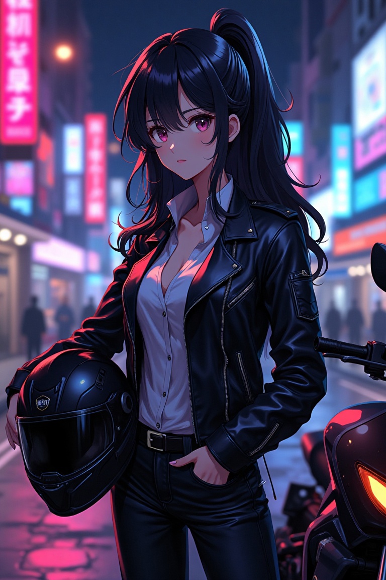 "Medium shot of a confident anime woman wearing a leather jacket,  holding a helmet,  standing next to her motorcycle on T...