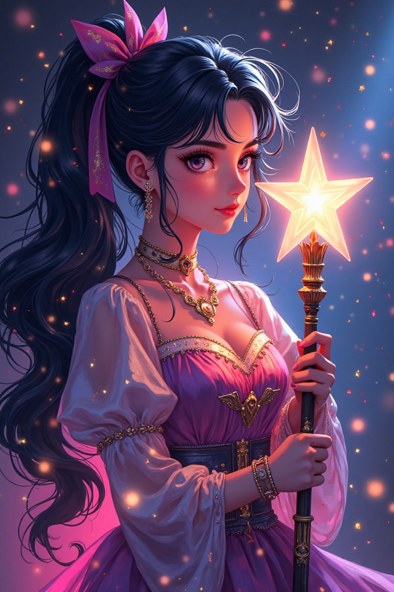 "Medium shot of a magical girl in a 90s-inspired outfit,  holding her glowing staff close,  surrounded by glittering stard...