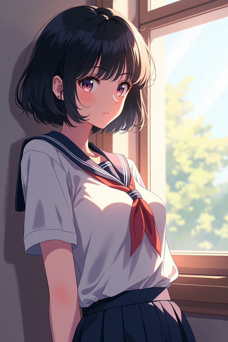 Medium shot of a 90s anime schoolgirl with short bob hair,  leaning against a classroom window,  sunlight streaming in on...
