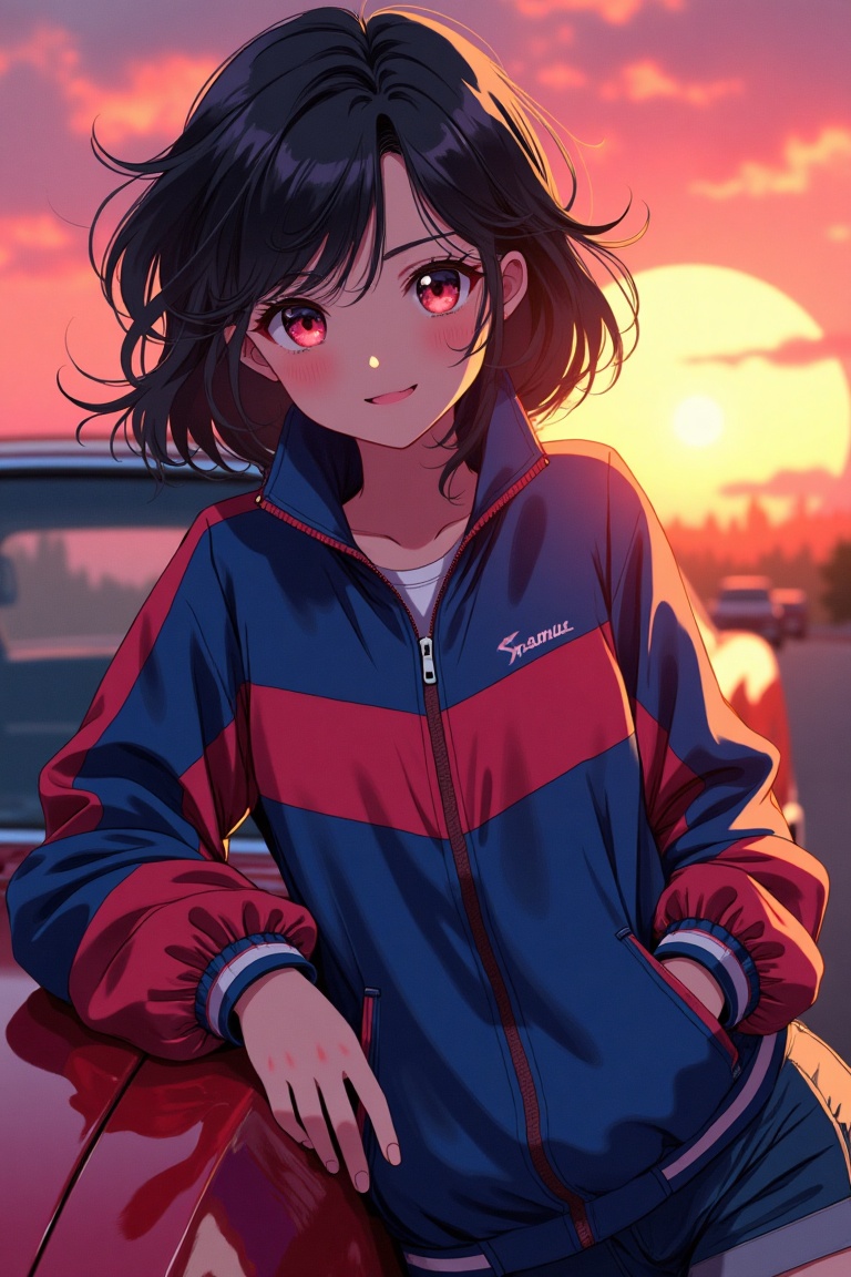 "Medium shot of an anime girl with a bright smile,  wearing a 90s windbreaker jacket,  leaning on a retro car with a sunse...