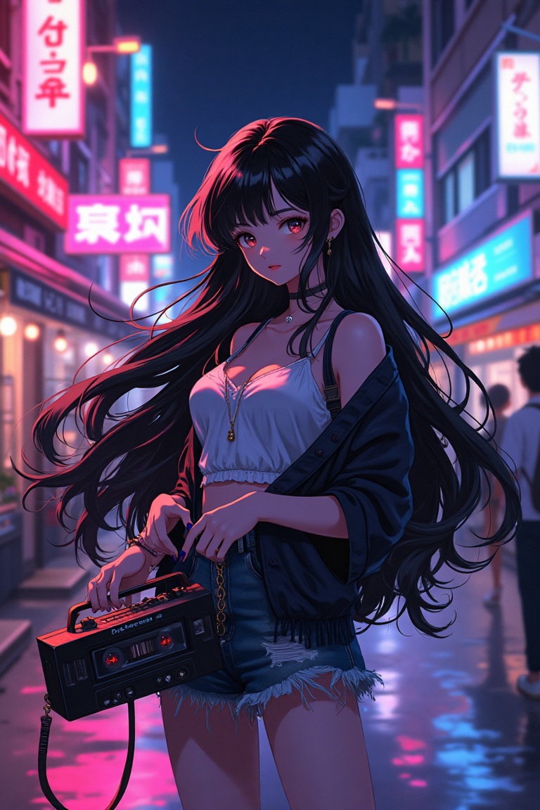 An anime woman with long flowing hair,  holding a vintage cassette player,  standing in a bustling neon-lit street on Tens...