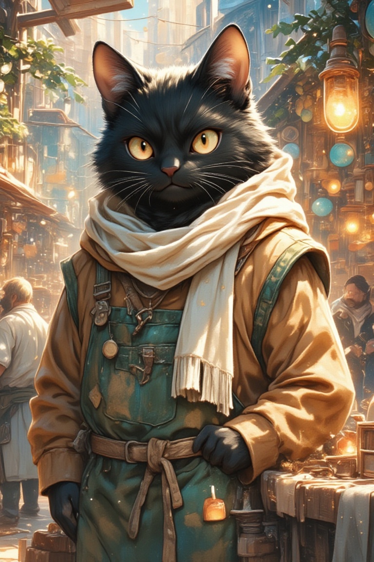 (In a vibrant depiction of a bustling city full of artisan flavor,  a large black cat with intimidating eyes offers a glim...