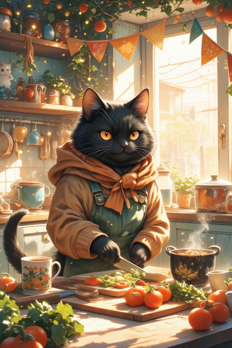 Imagine a warm,  sunlit kitchen on New Year's morning,  where a large male black cat (with a slightly grumpy but gentle ex...