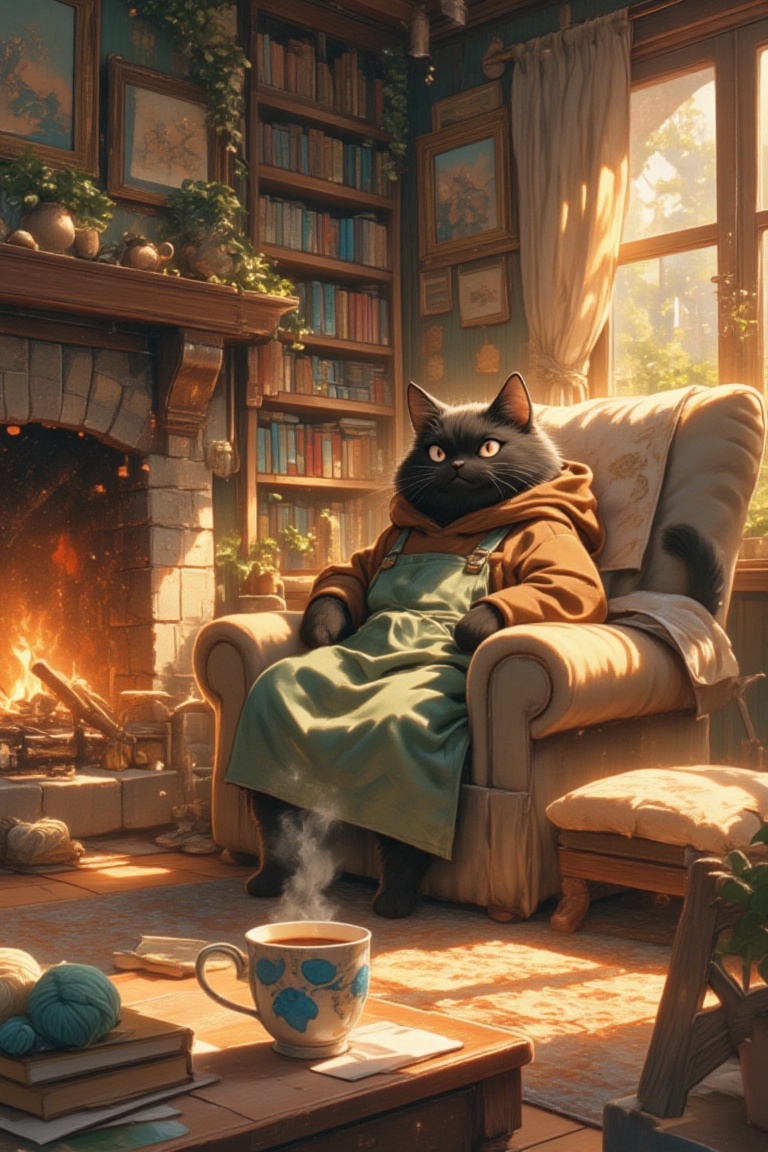 Create an illustration of a large male black cat with a slightly mischievous yet gentle expression,  showcasing his day-to...