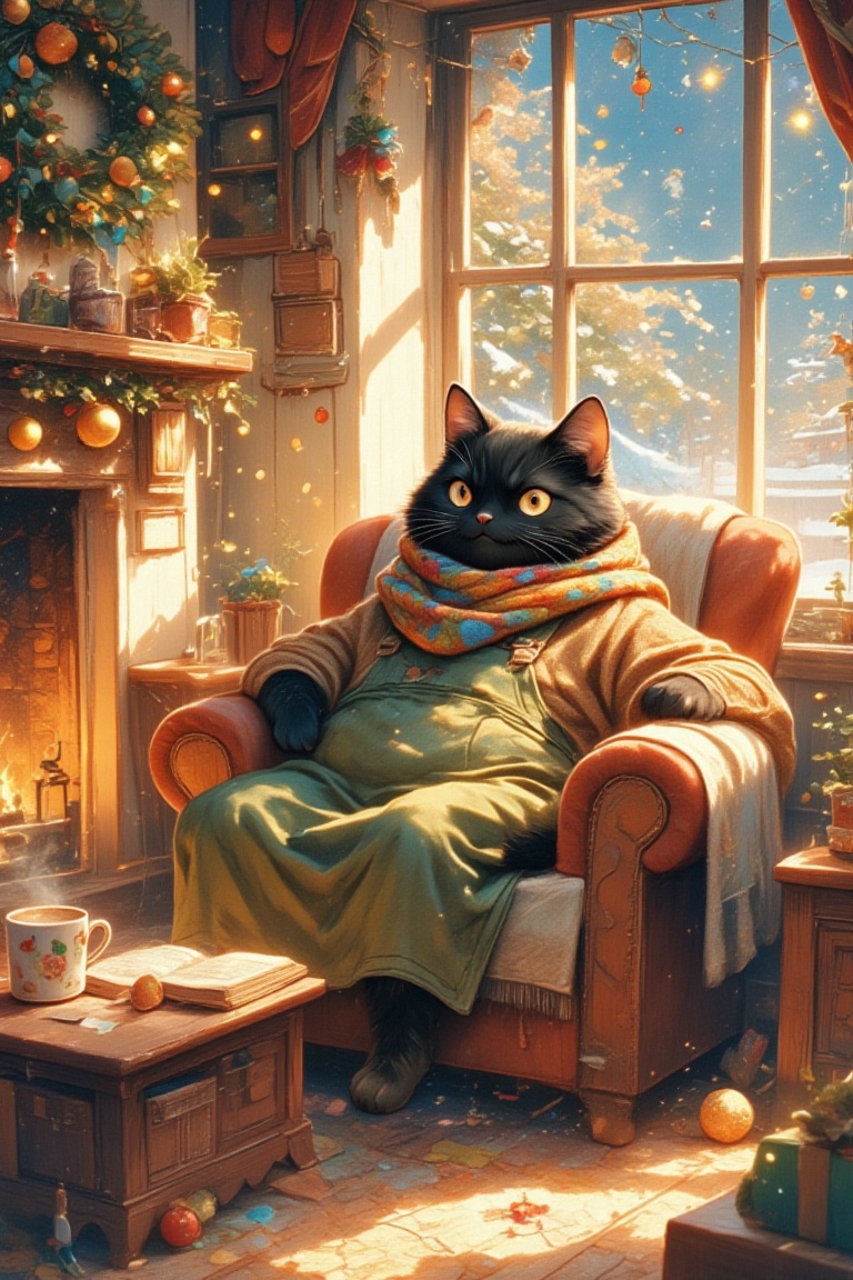Picture a cozy,  warmly lit living room during the late afternoon of New Year's Day. A large male black cat (with eyes tha...