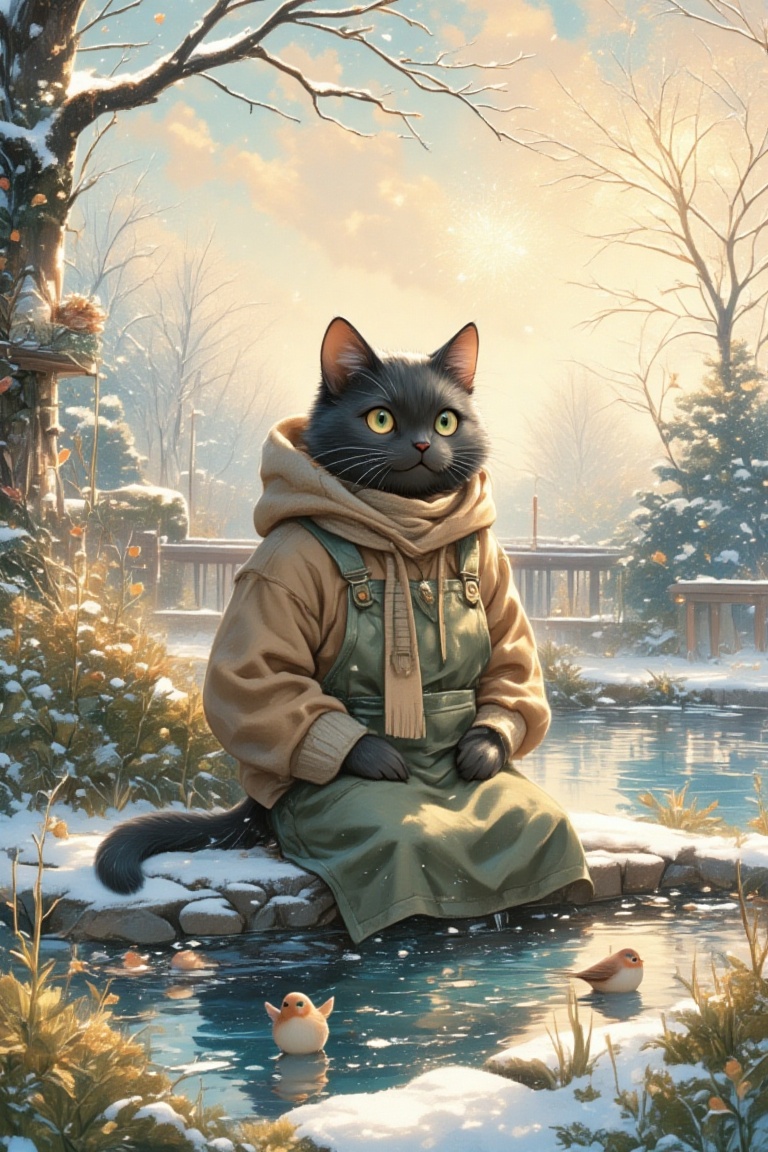 Imagine a serene moment beside a frosty garden pond on New Year’s Day,  where a large male black cat (with a stern but gen...