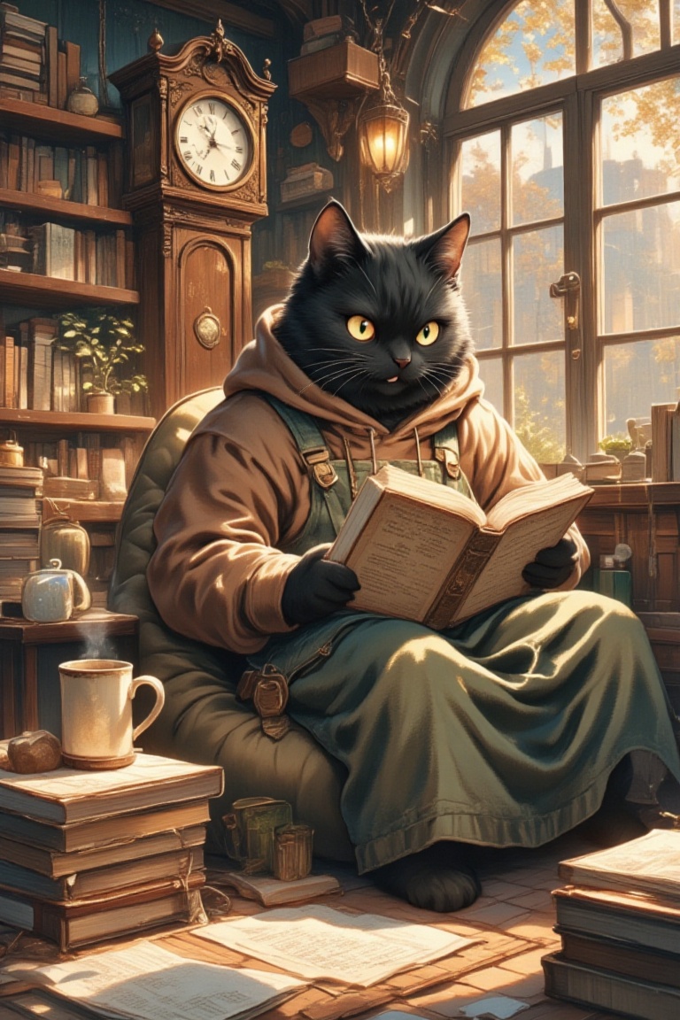 Depict (a large male black cat) amidst a cozy study,  diving into a book with a riveting plot. His fierce eyes intently fo...
