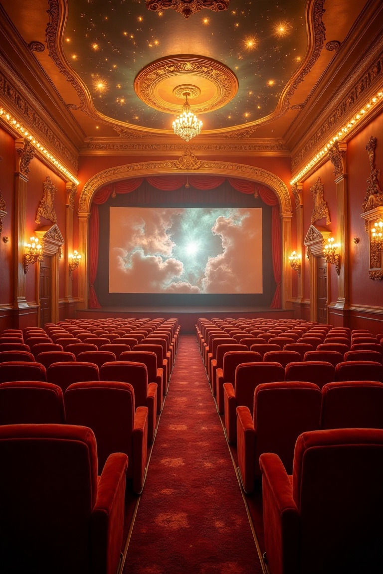 A vintage cinema's opulent interior glows with a soft aurora,  as golden accents on walls and chandeliers cast a warm lumi...