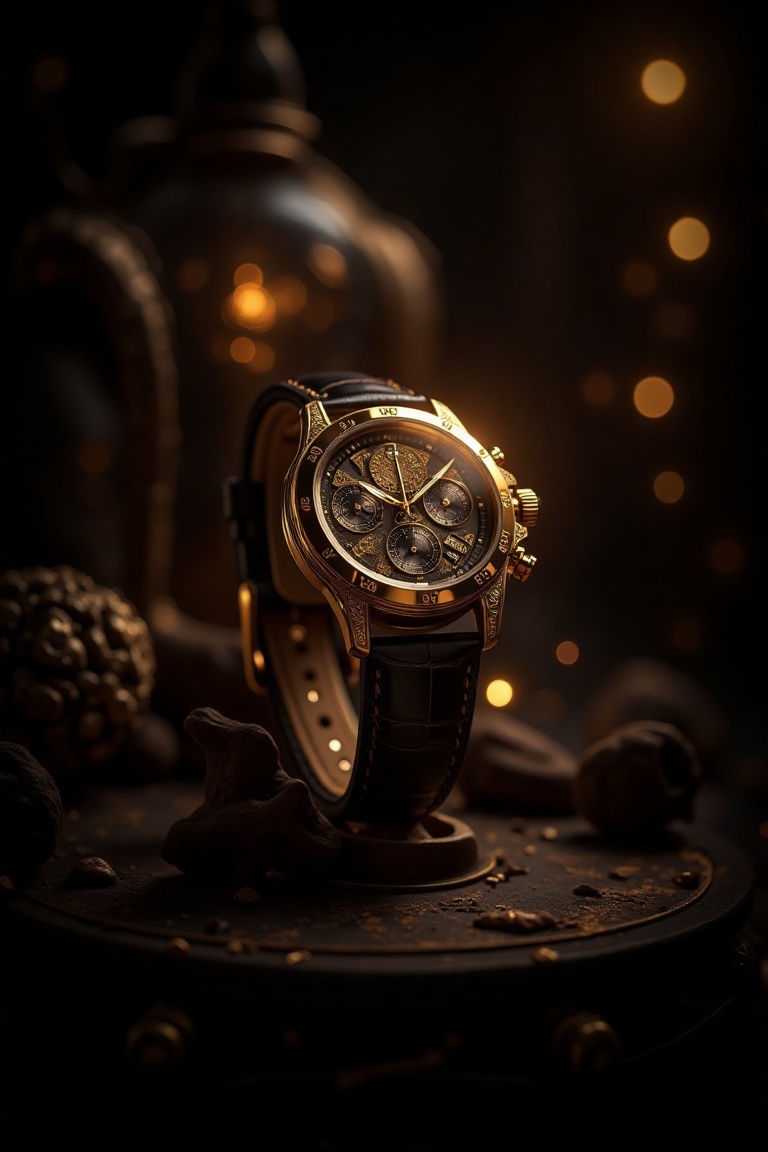 "An elegant wristwatch displayed in a dark environment,  its golden details softly glowing under carefully placed lights,...