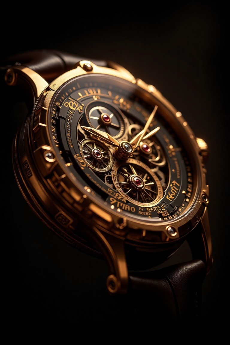 A close-up shot of an exquisite timepiece,  set against a dramatic dark background. Soft,  warm lighting highlights the in...