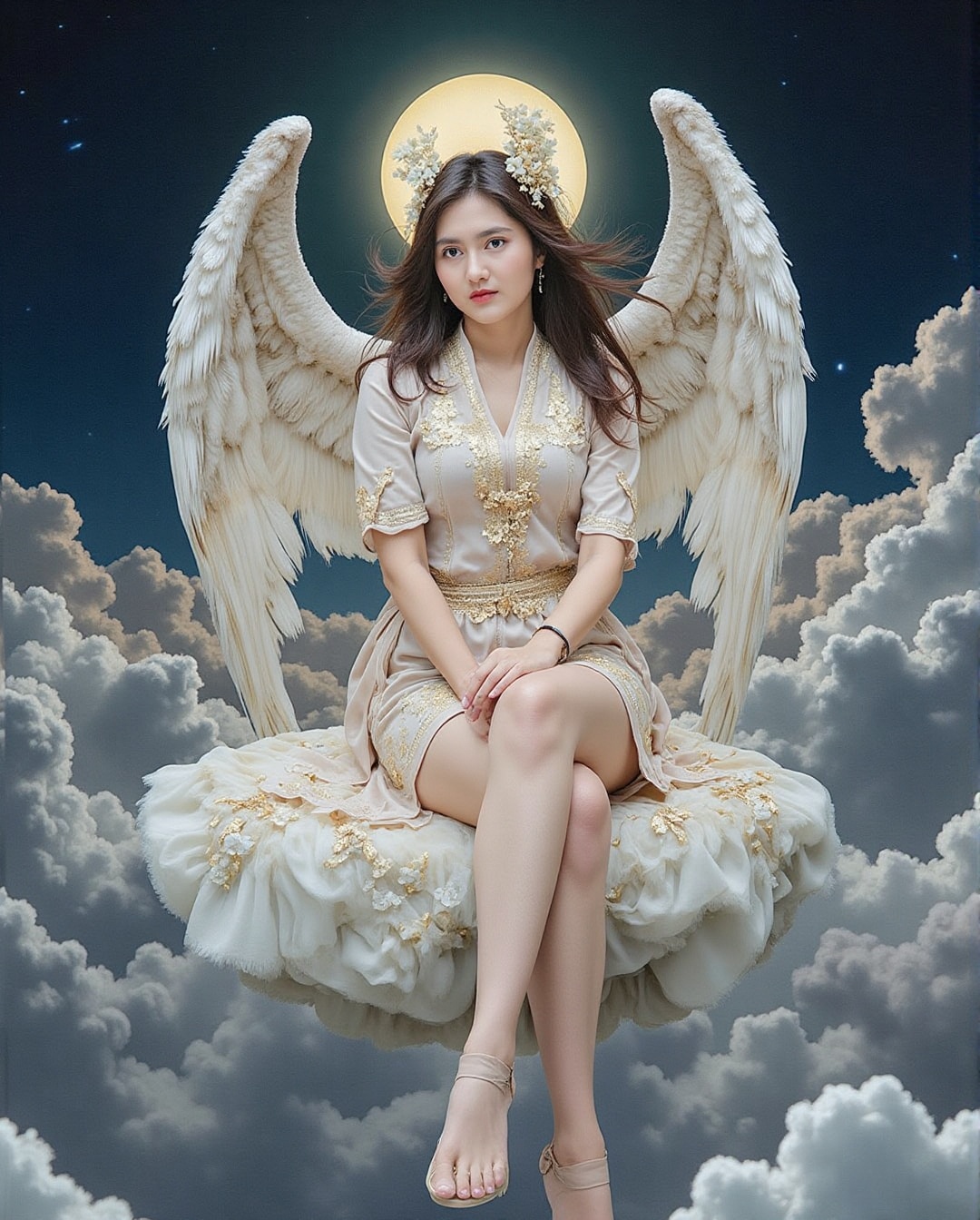 Seorang malaikat wanita yang anggun duduk di atas awan putih lembut,  menciptakan suasana surgawi yang damai dan menawan....