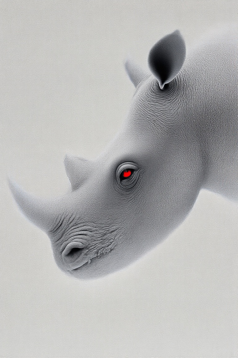 a close-up,  highly detailed,  stylized portrait of a rhinoceros. The rhinoceros is presented in a greyscale palette on Te...