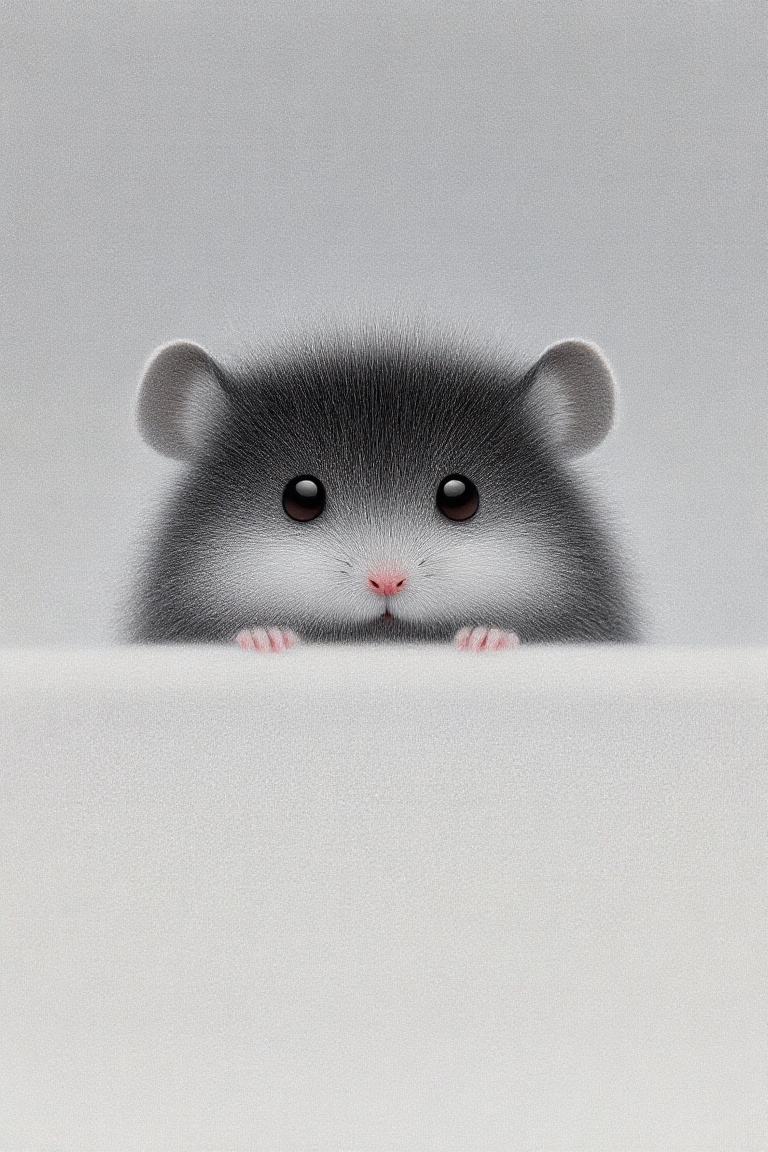 A small,  gray hamster peeks out from behind a textured,  light gray surface. Hyperrealistic depiction of fine fur texture...