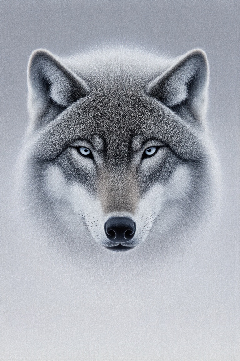 A close-up portrait of a gray wolf's head,  set against a muted,  light-gray on Tensor.Art