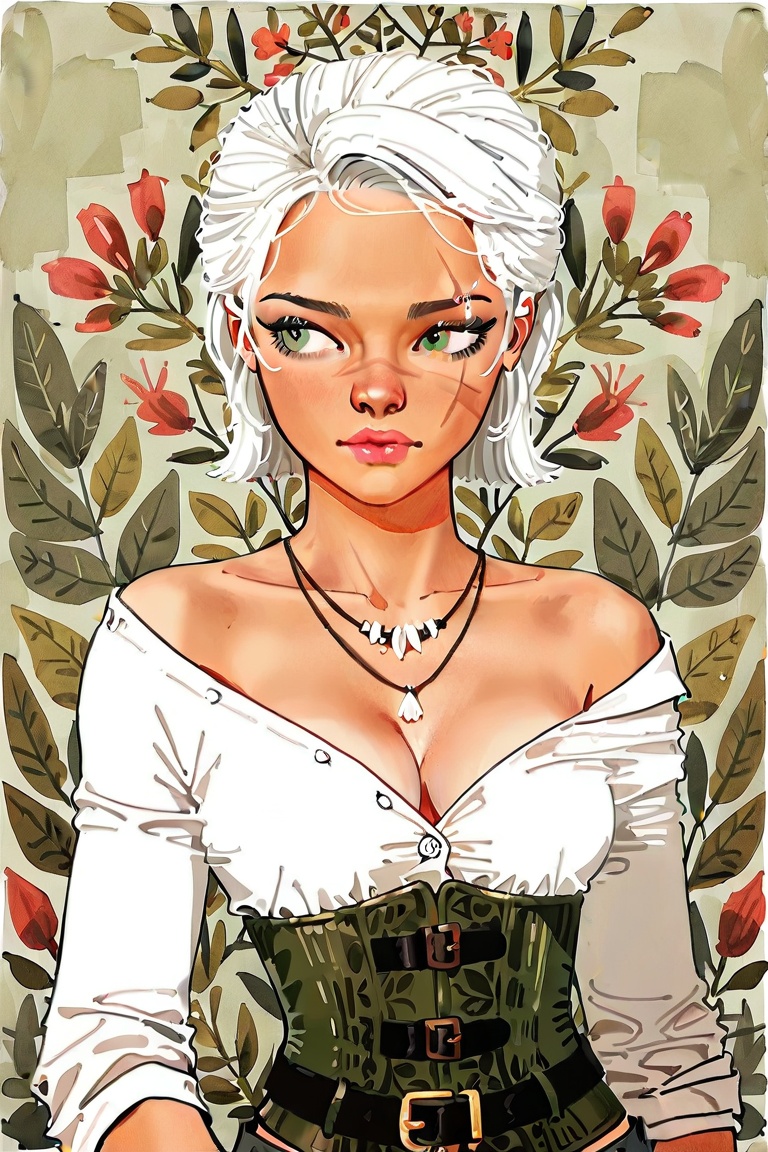 1girl, solo, breasts, short hair, shirt, cleavage, jewelry, medium breasts, green eyes, white shirt, upper body, white hair, belt, necklace, off shoulder, lips, makeup, scar, corset, nose,flw