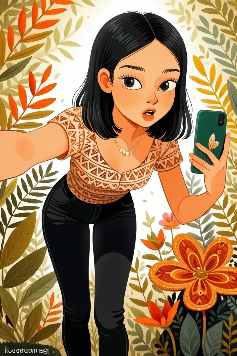 1girl, solo, breasts, short hair, open mouth, black hair, holding, brown eyes, jewelry, small breasts, pants, medium hair, necklace, black eyes, lips, leaning forward, phone, black pants, cellphone, smartphone, holding phone, selfie,flw,flat deaign, decorative, plants,patterns,fairy tales,illustration,