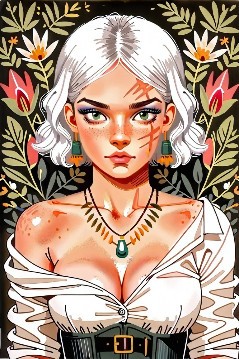 1girl, solo, breasts, short hair, shirt, cleavage, jewelry, medium breasts, green eyes, white shirt, upper body, white hair, belt, necklace, off shoulder, lips, makeup, scar, corset, nose,flw