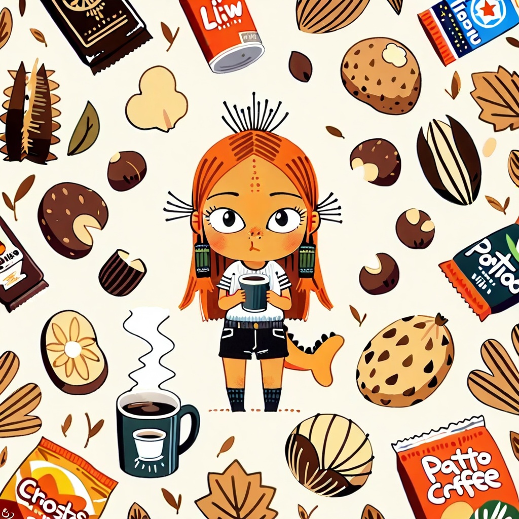 masterpiece,bestquality,1girl,long hair,coffee in hand,potato chips,crocodiles,cute crocodiles,chibi,looking at viewer,flw