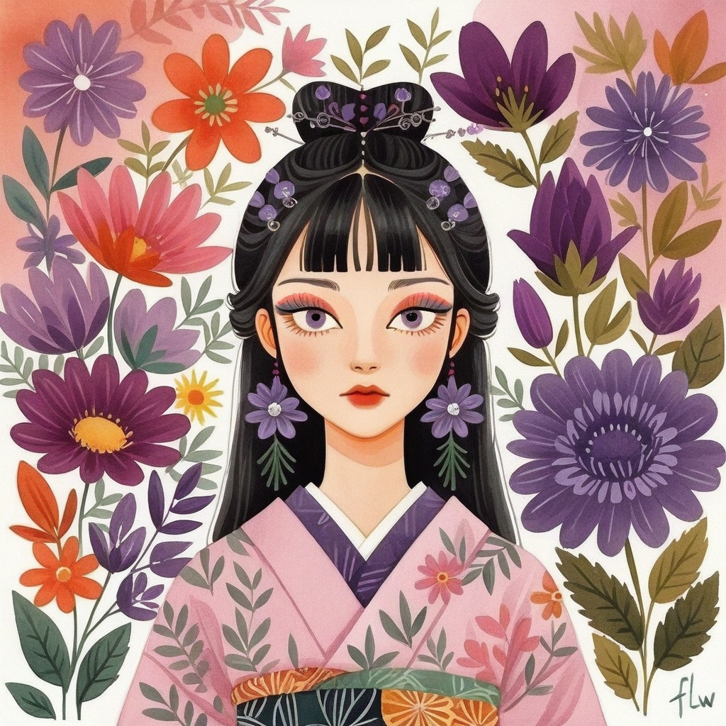 1girl, solo, looking at viewer, bangs, black hair, purple eyes, upper body, flower, signature, blunt bangs, makeup, floral print, eyeshadow, purple flower,flw
