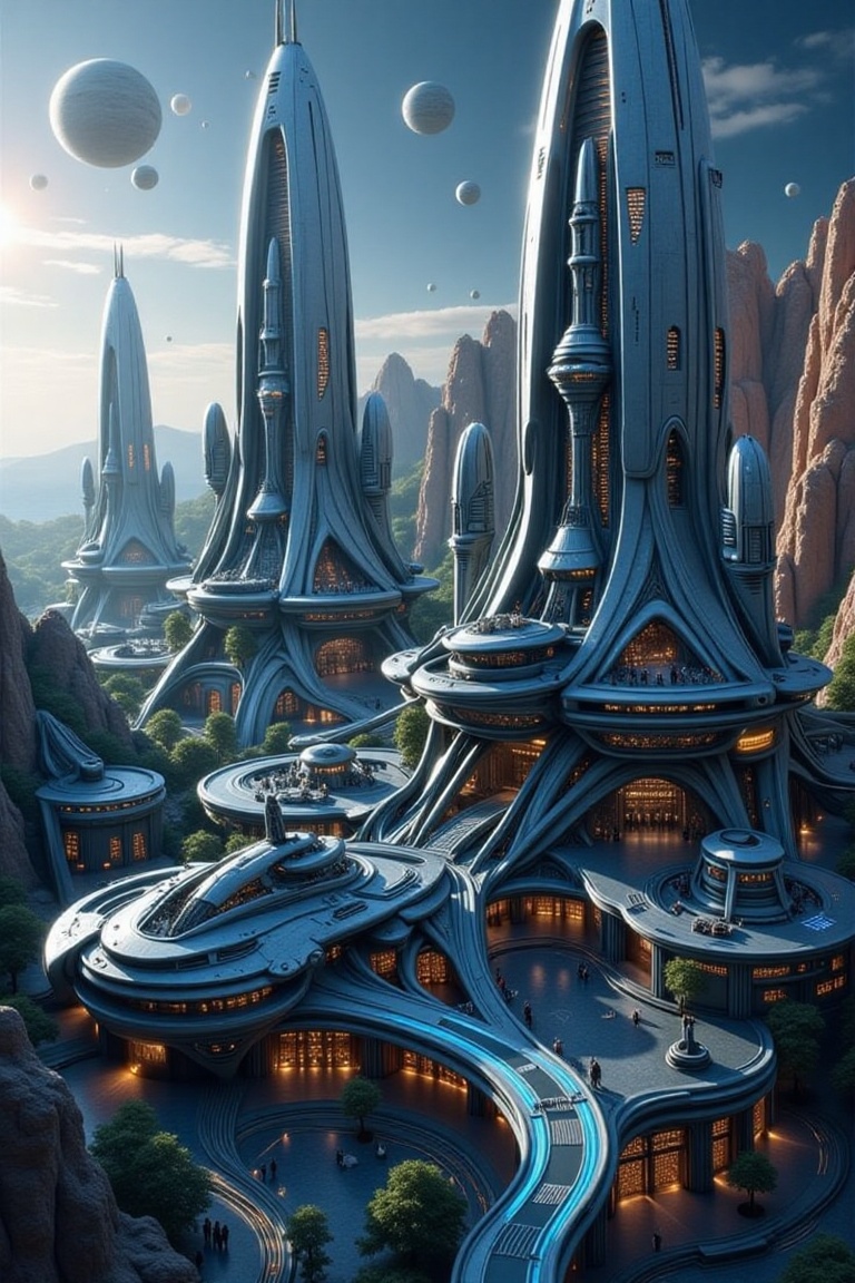 A colossal futuristic spaceship port with towering energy spires that emit beams of light into the sky. From the ground an...