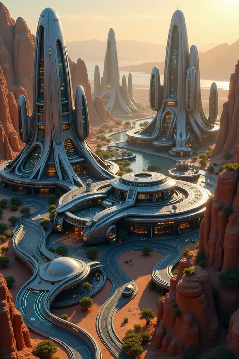 A stunning futuristic spaceship port set in a vast desert landscape,  blending cutting-edge technology with the raw beauty...