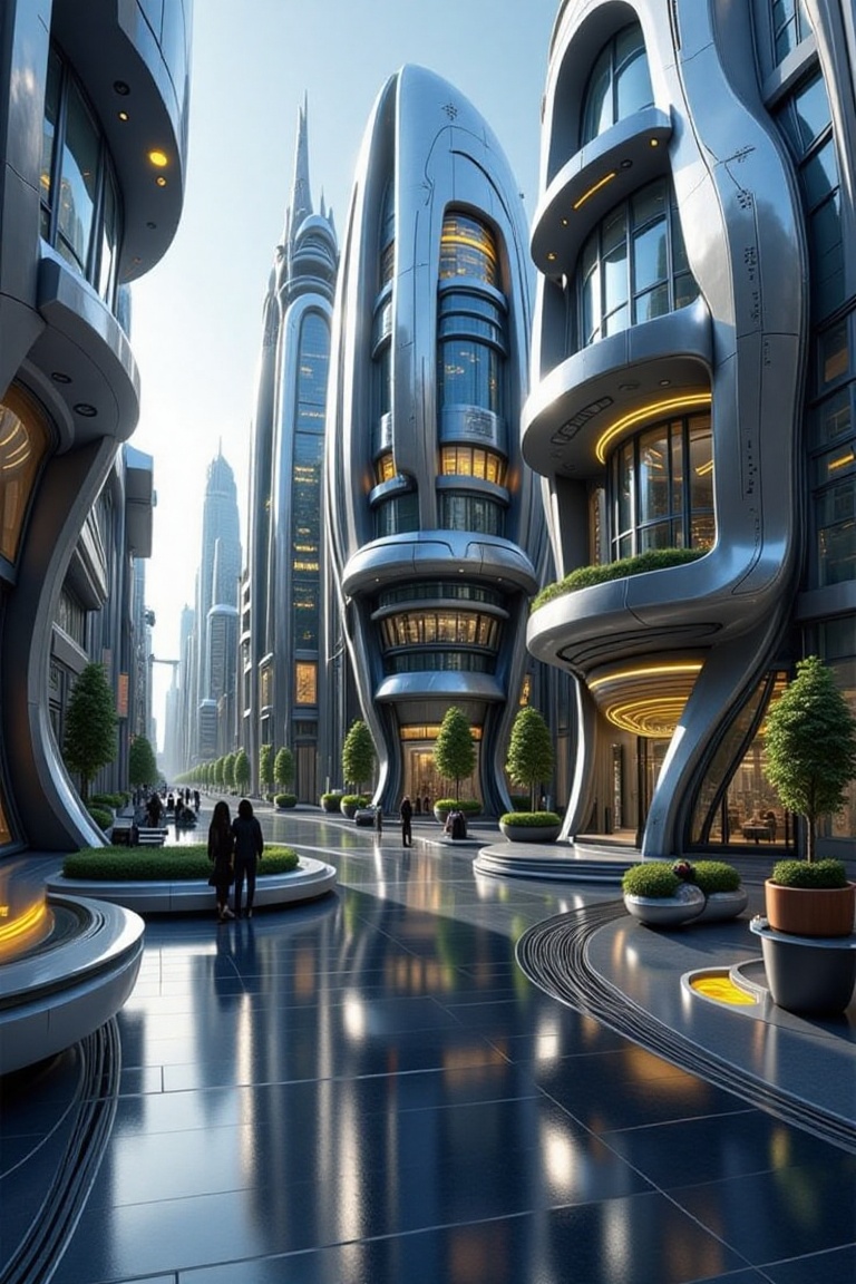Here's a prompt based on your description: Create an image of a futuristic building with sleek metallic gray surfaces and...