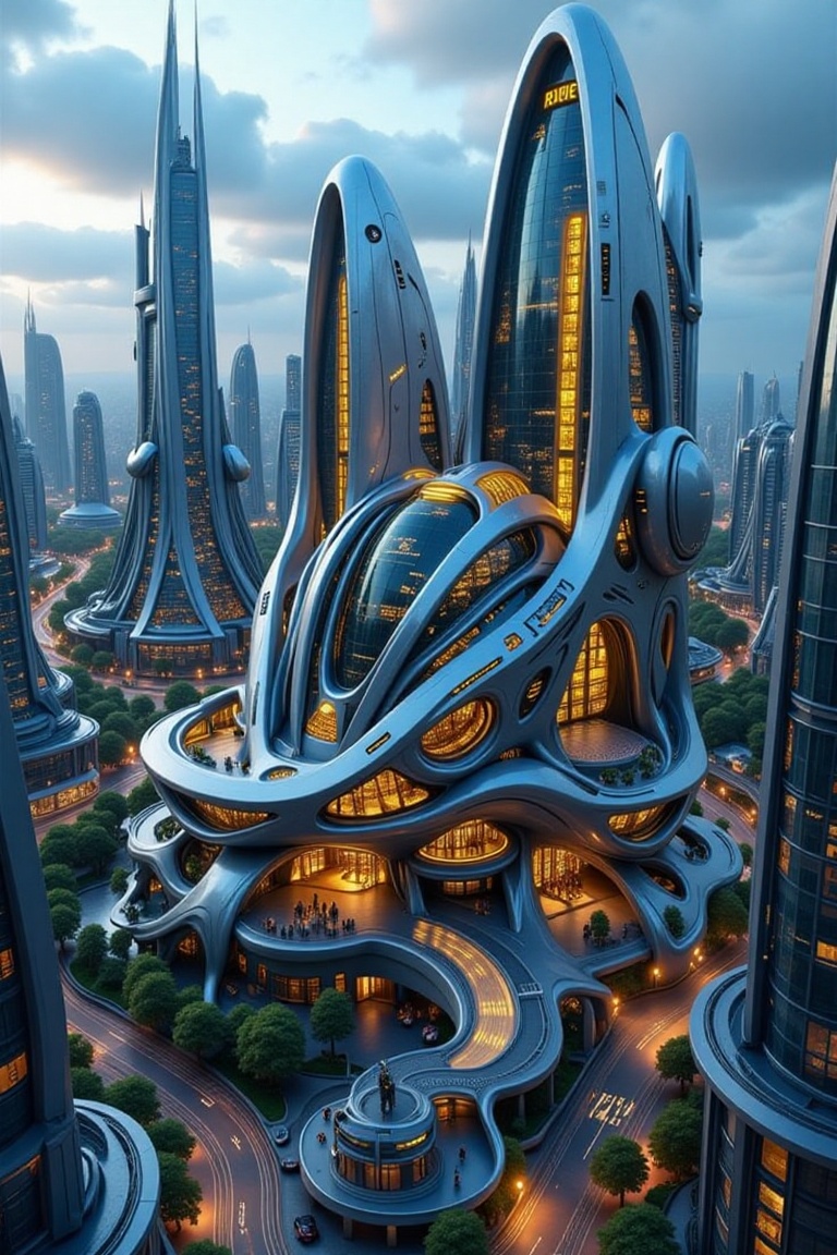 Pan across a futuristic metropolis at dusk,  where a showstopping edifice stands out amidst sleek,  modern surroundings. A...