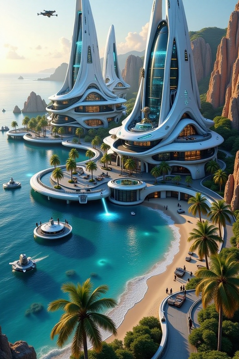 A stunning futuristic sci-fi beach resort with floating modular structures anchored near the crystal-clear shoreline. The...