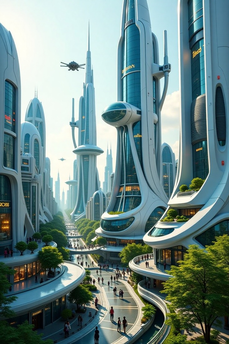 A super ultra clear HD photography captures a breathtaking futuristic cityscape,  showcasing sleek skyscrapers with smooth...
